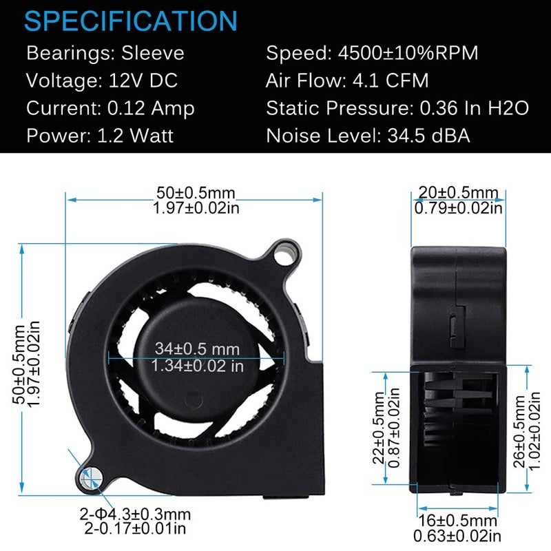 GDSTIME 50mm Turbo Cooling Fan, 12v Blower Fan, 50mm x 20mm DC Brushless Blower Fan Diagonal Hole Distance 57MM - Image 2